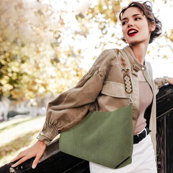 Women’s Green Corduroy Tote Shoulder Bag with Adjustment Straps And Zipper - Picture 6 of 7